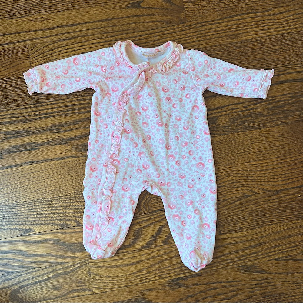 Baby Club Chic ruffled floral zip footed onesie